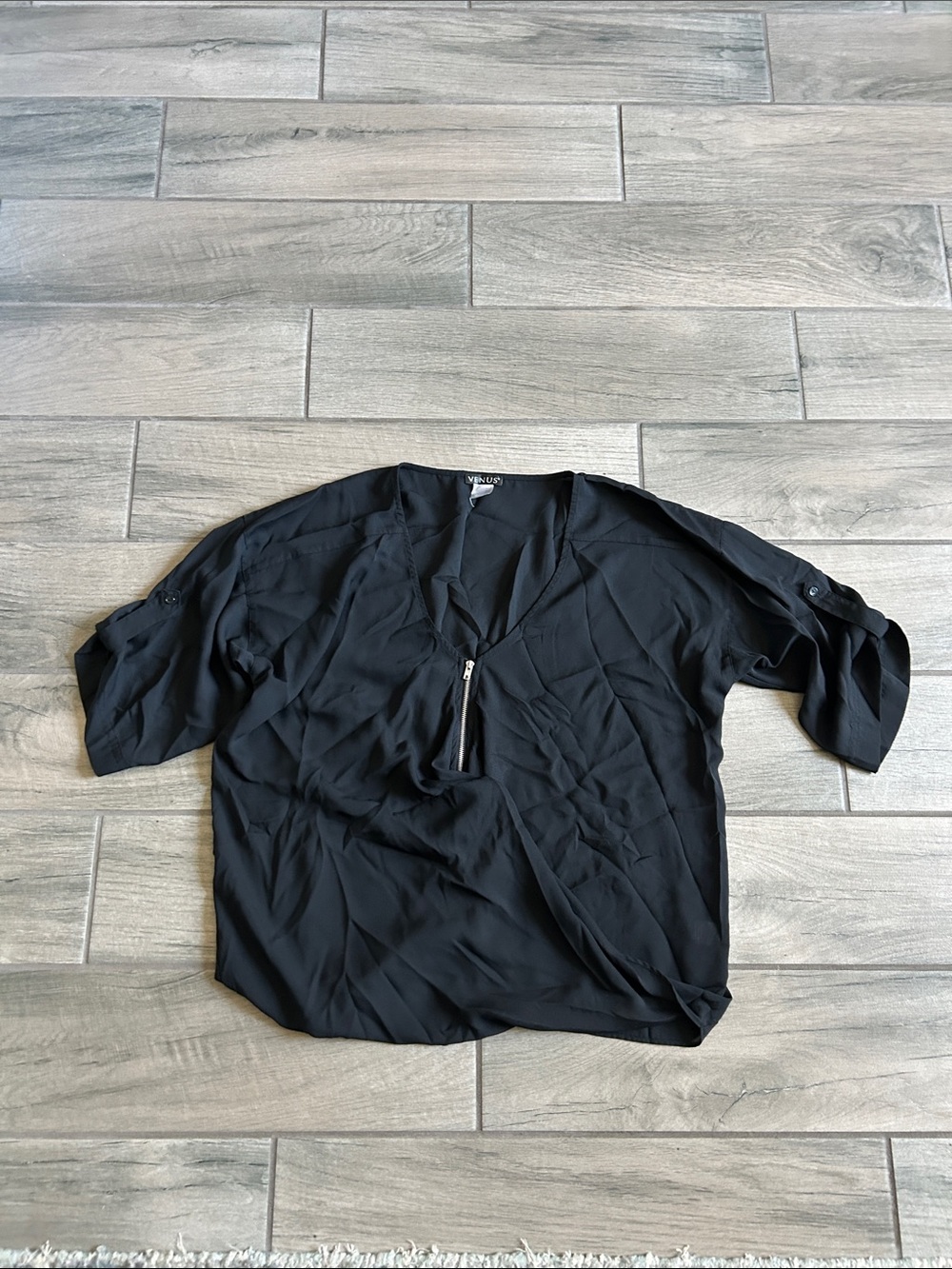 VENUS Black V-Neck Zip Front Blouse